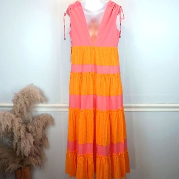 LDT Daphne pink/ yellow color block V-neck and back tiered skirt maxi dress - Picture 8 of 15